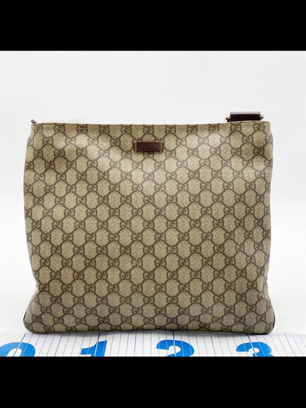 Gucci Beige GG Monogram Shoulder Pouch with Brown Trim